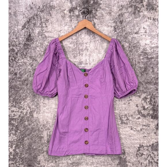 Farm Rio Micro Dress Petite XS Womens Purple Linen Puff Sleeve Button - Picture 1 of 8